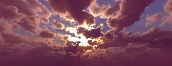 Západ slunce / východ slunce s mraky, světelnými paprsky a dalšími atmosférickými efekty, 3D ilustrace — Stock fotografie
