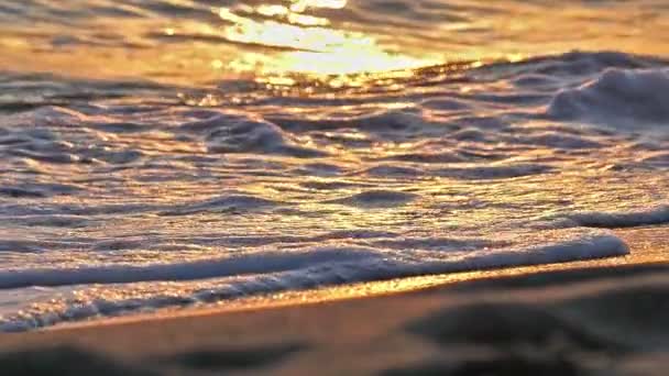 Onda de praia salpicando macro no pôr do sol câmera lenta — Vídeo de Stock