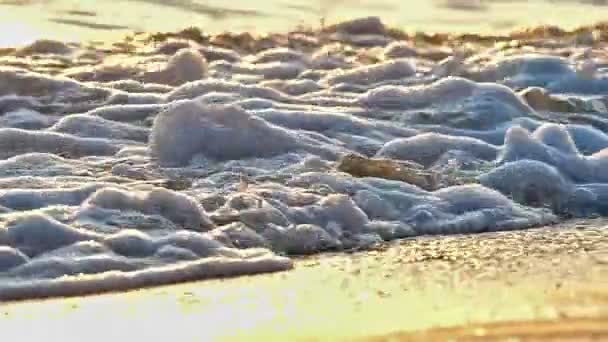 Beach wave splashing macro in sunset slow motion — Stock video