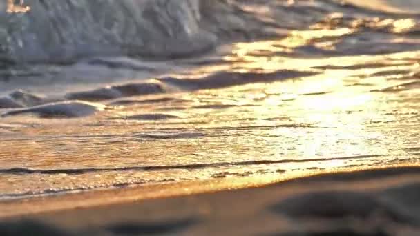 Strand hullám fröccsenő makró naplementében lassított felvétel — Stock videók