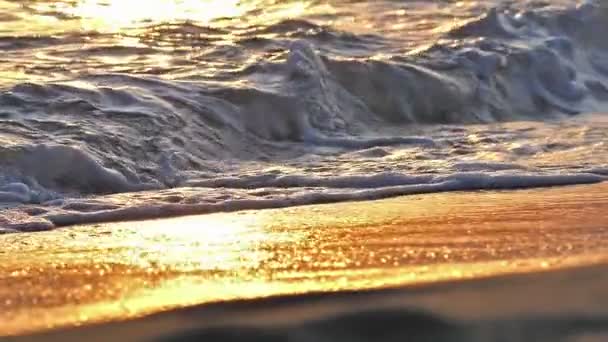 Ola de playa salpicando macro en la puesta del sol cámara lenta — Vídeo de stock