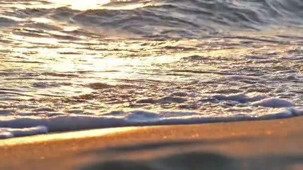 Onda de praia salpicando macro no pôr do sol câmera lenta — Vídeo de Stock