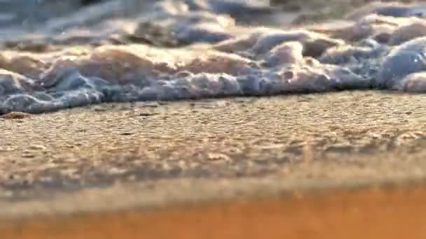 Strandbølge plasker makro i solnedgang langsom bevegelse – stockvideo