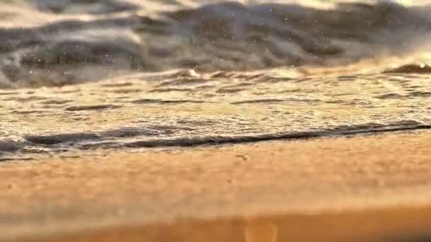 Onda de praia salpicando macro no pôr do sol câmera lenta — Vídeo de Stock