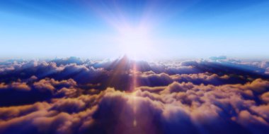 Bulutların üzerinde gün batımlı güzel hava manzarası. 3d illüstrasyon