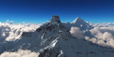 Bulutların üstündeki dağ manzarası. Bilgisayar oluşturulmuş 3d illüstrasyon