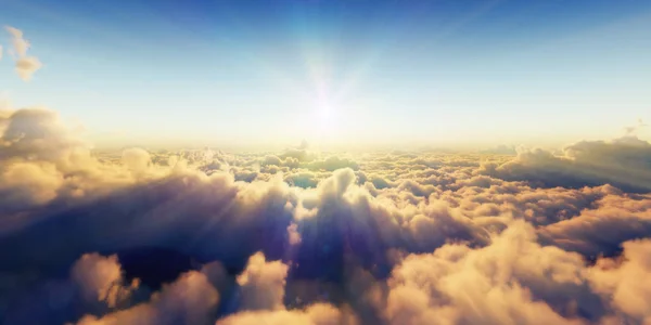 Bela vista aérea acima das nuvens com o pôr do sol. ilustração 3d — Fotografia de Stock