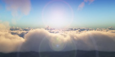 Bulutların üzerinde gün batımlı güzel hava manzarası. 3d illüstrasyon