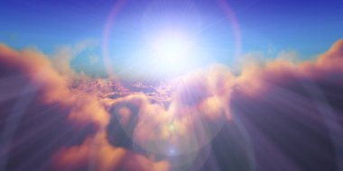 Bulutların üzerinde gün batımlı güzel hava manzarası. 3d illüstrasyon