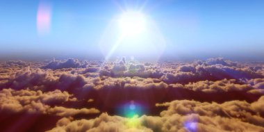 Bulutların üzerinde gün batımlı güzel hava manzarası. 3d illüstrasyon