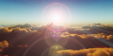 Bulutların üzerinde gün batımlı güzel hava manzarası. 3d illüstrasyon