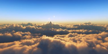 Bulutların üzerinde gün batımlı güzel hava manzarası. 3d illüstrasyon