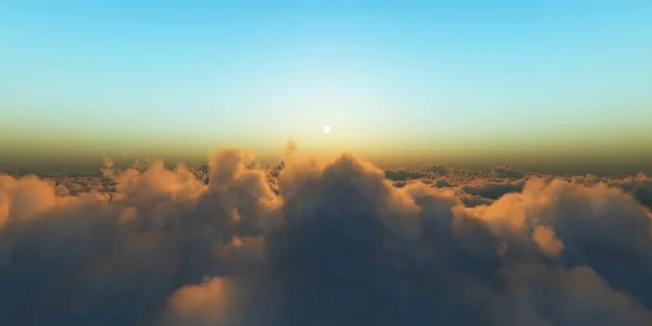 Vacker utsikt över luften ovanför molnen med solnedgång. 3D-illustration — Stockfoto