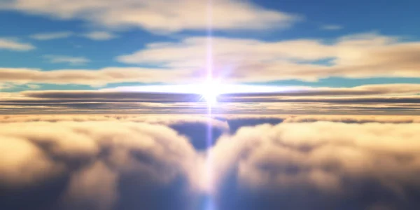 Piękny widok z lotu ptaka nad chmurami z zachodem słońca. Ilustracja 3D — Zdjęcie stockowe