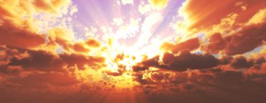 Bulutlar, ışık ışınları ve diğer atmosfer etkileriyle gün batımı / gün doğumu, 3d illüstrasyon