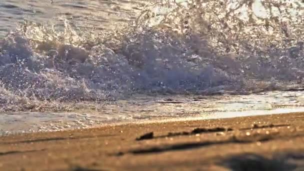 Onda de praia salpicando macro no pôr do sol — Vídeo de Stock