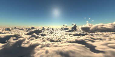 Bulutların üzerinde uç günbatımı manzarası, üç boyutlu resimleme