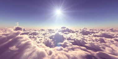 Bulutların üzerinde uç günbatımı manzarası, üç boyutlu resimleme