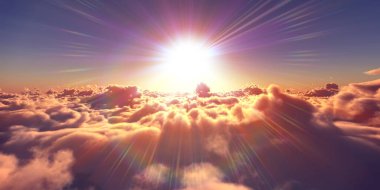 Bulutların üzerinde uç günbatımı manzarası, üç boyutlu resimleme