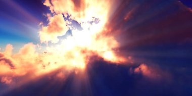 above clouds sun ray sunset. 3d render illustration