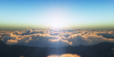 Bulutların üzerinde gün batımlı güzel hava manzarası. 3d illüstrasyon