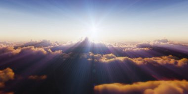 Bulutların üzerinde gün batımlı güzel hava manzarası. 3d illüstrasyon