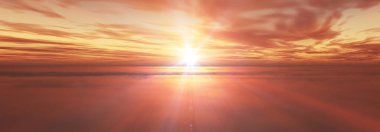 Bulutların üzerinde uç günbatımı manzarası, üç boyutlu resimleme