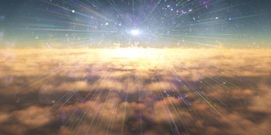 Bulutların üzerinde uç günbatımı manzarası, üç boyutlu resimleme