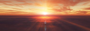 Bulutların üzerinde uç günbatımı manzarası, üç boyutlu resimleme