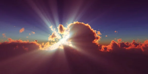 above clouds sun ray sunset. 3d render illustration