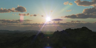 Bulutların üzerindeki dağ manzarası. Gün batımı. Bilgisayar oluşturulmuş 3d illüstrasyon