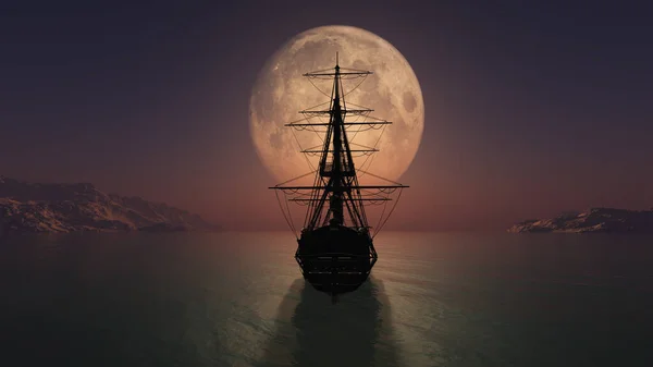 Dolunayda eski bir gemi. 3D çizim.