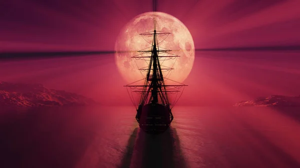 Old Ship Night Full Moon Render Illustration — Stock Photo, Image