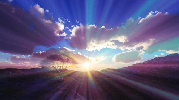 sunset at meadow and lonely tree, 3d render illustration