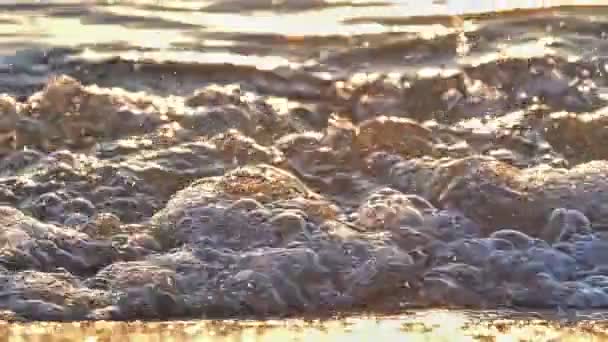 Strand våg stänk makro i solnedgången — Stockvideo