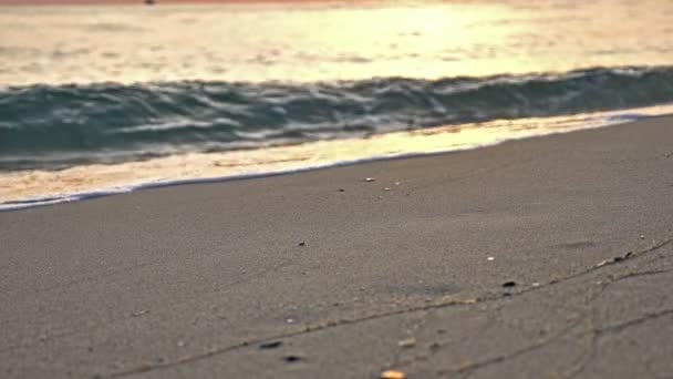 Ola de playa salpicando macro en puesta de sol 4k — Vídeos de Stock