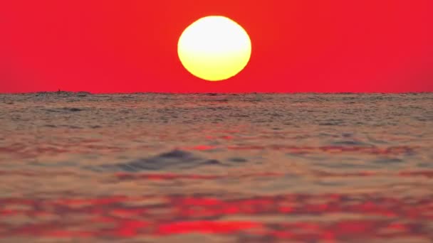 Big sun down over sea, red sky slow motion 4k — Stock Video