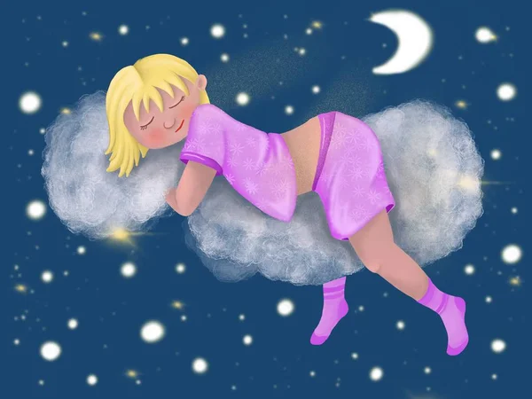 Niña Está Durmiendo Nube Cielo Nocturno — Foto de Stock