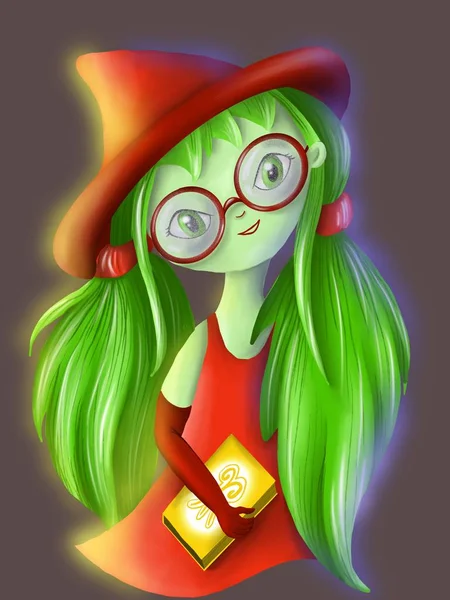 魔法の本を持つメガネの小さな緑の魔女 — ストック写真