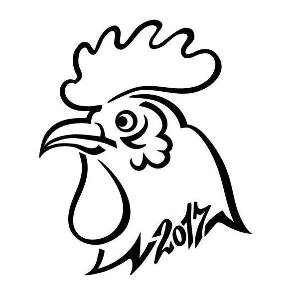 Año 2017 símbolo Cabeza de gallo chino. Dibujo manual. Líneas negras sobre fondo blanco . — Vector de stock