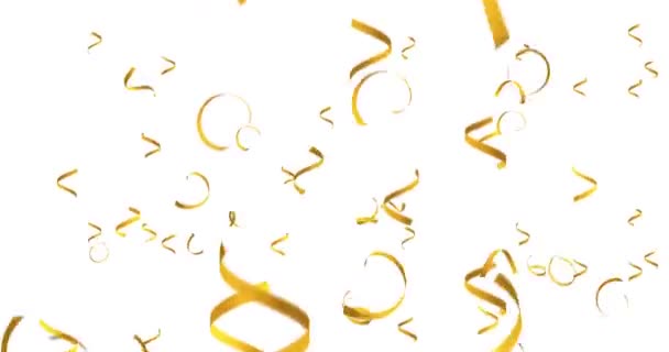 Animation goldgelb fallender Spiralkonfetti auf weißem Hintergrund (Alphakanal inbegriffen). 4k — Stockvideo
