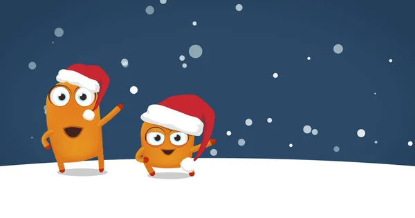 Zwei Aufsässige (Charaktere) tanzen verrückt lustigen Weihnachtstanz in Schneenacht — Stockfoto