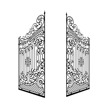 Isolated Decorated Steel Open Gates Illustration. Black and White clipart