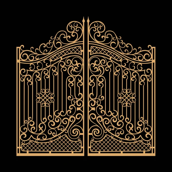 Díszített acél kapu vektoros illusztráció. Arany-fekete háttér — Stock Vector