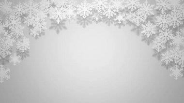 Güzel kağıt kar taneleri beyaz üzerinde sallanan Noel tebrik kartı animasyon arka plan (boşluk metin için arka plan)