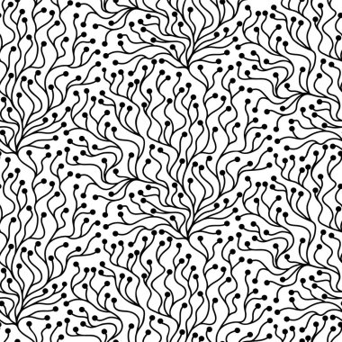 Soyut, kusursuz vektör deseni. Dallar ve meyveler. Siyah ve beyaz. Arka plandan izole edilmiş. El çizimi. 