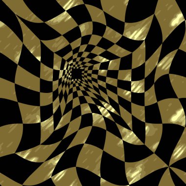 Soyut, kusursuz vektör deseni. Mesafeli alan. Optik yanılsama. Siyah ve altın. Grafiksel