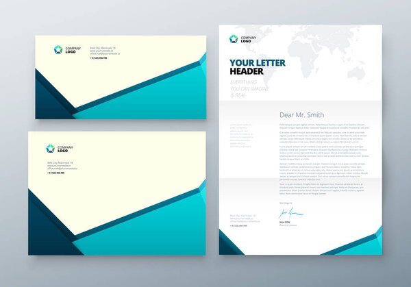 Envelope DL, C5, Letterhead. Teal Corporate business template for envelope and letter. Layout with modern triangle elements and abstract background. Creative vector concept