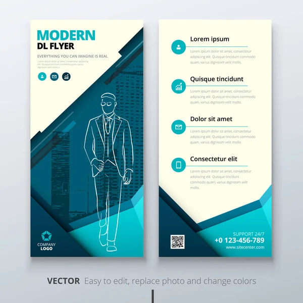 DL flyer design layout. Teal DL Corporate business template for flyer. Layout with modern elements and abstract background. Creative concept vector flyer. — Stock Vector