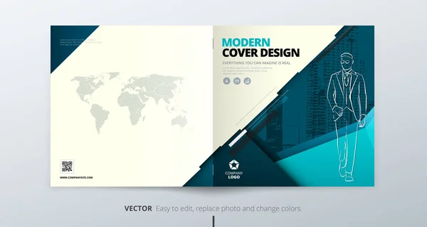 Diseño de folleto cuadrado. Teal Plantilla de negocio corporativa para folleto rectángulo, informe, catálogo, revista. Diseño con foto cuadrada moderna y fondo de triángulo abstracto. Concepto de vector creativo — Vector de stock